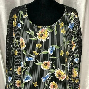 Cato Est. 1946 Women’s 22/24W Black Floral Crocheted 3/4 Sleeve Pin Stripe Top